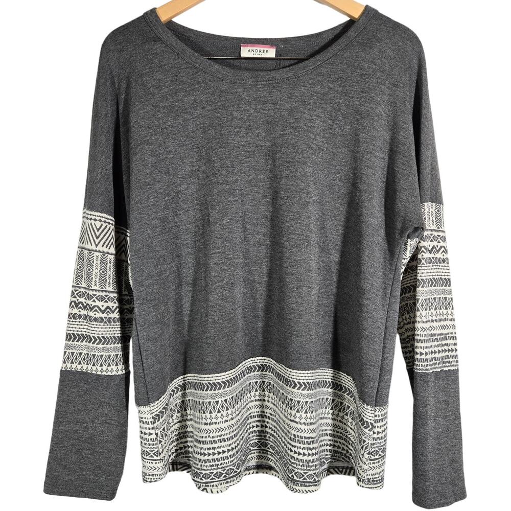 ANDRÉE BY UNIT Women's Gray Aztec Print Long‎ Sleeve Top Medium